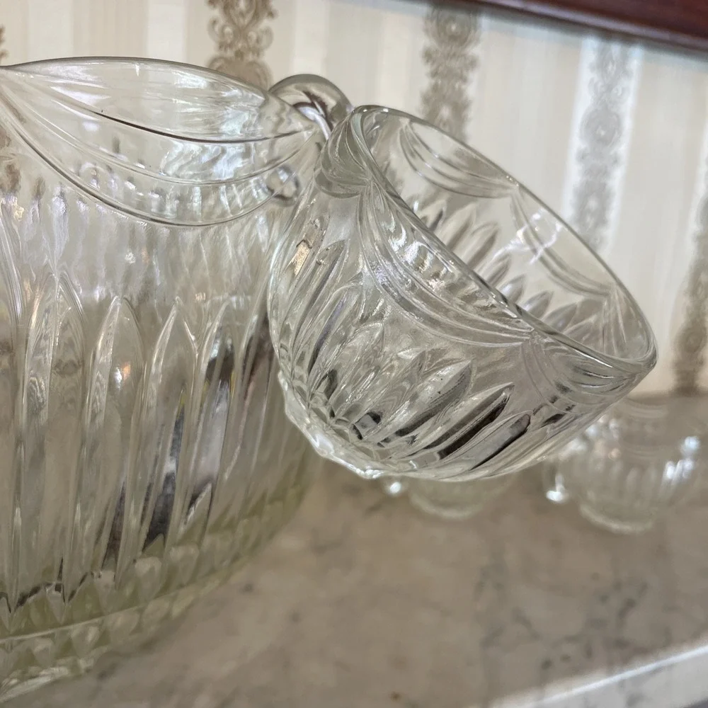 Vintage Indiana Glass Company Royal Drape Punch Bowl Set 10‎ Ribbed Hooked Cups